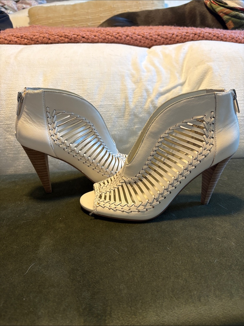 Vince Camuto Cream Woven Peep-Toe High Heel Booties